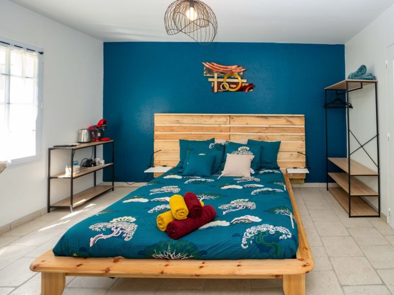 Chambre double lumineuse avec décoration contemporaine, climatisation et équipements de qualité.